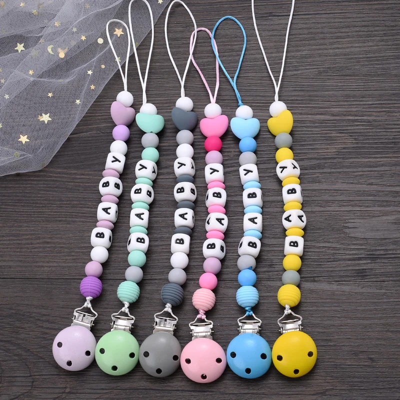 Baby Pacifier Chain Clips Silicone Teether Wood Beads Infant Nipple Appease Clips Dummy Holder Nipple Clip Personalized Name