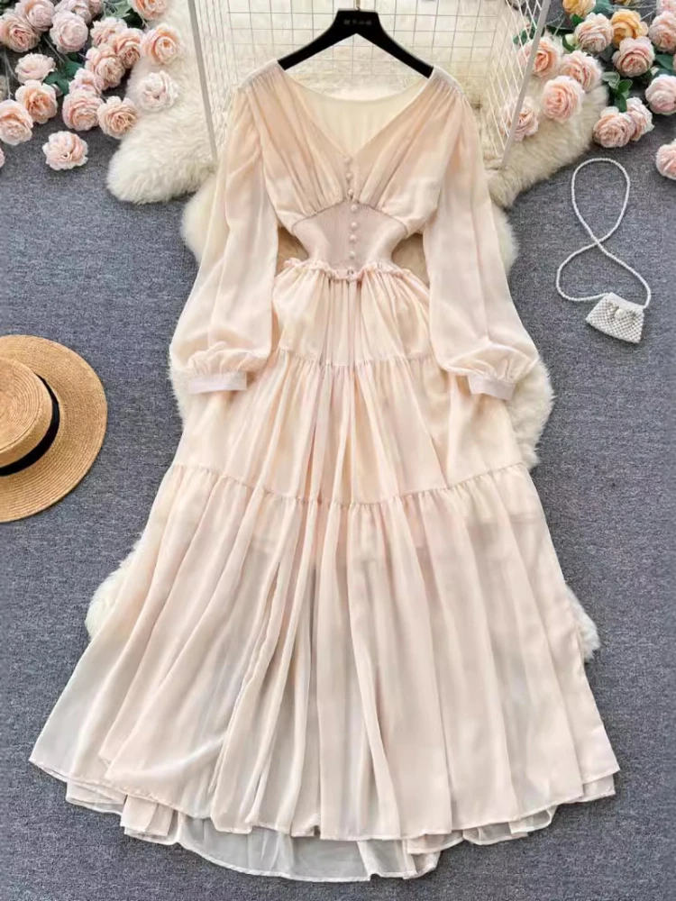 Vintage Chiffon Long Dress Women Elegant V-neck Long Sleeved Casual Dresses French Pleated Slim A-line Long Robe Vestidos