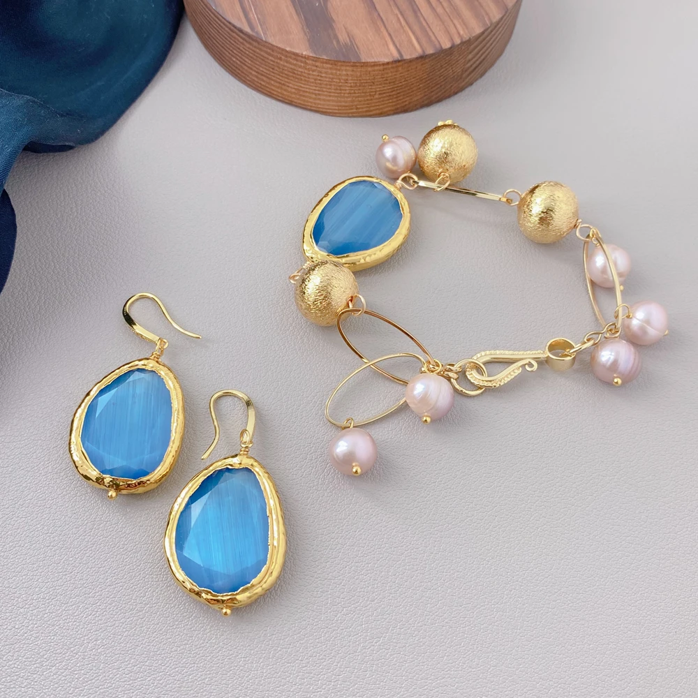 

Y·YING Cultured Pink Pearl Blue Cat Eye Beaded Bracelet Dangle Hook Earring Set