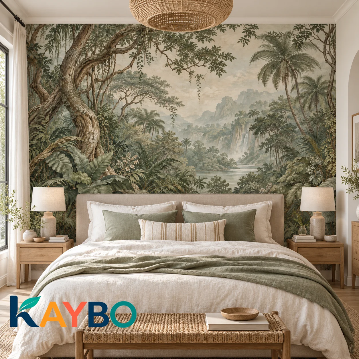 Tropical Forest Wall Mural Vintage Jungle Waterfall Botanical Wallpaper Non Self Adhesive Living Room Bedroom Natural Wall Decor