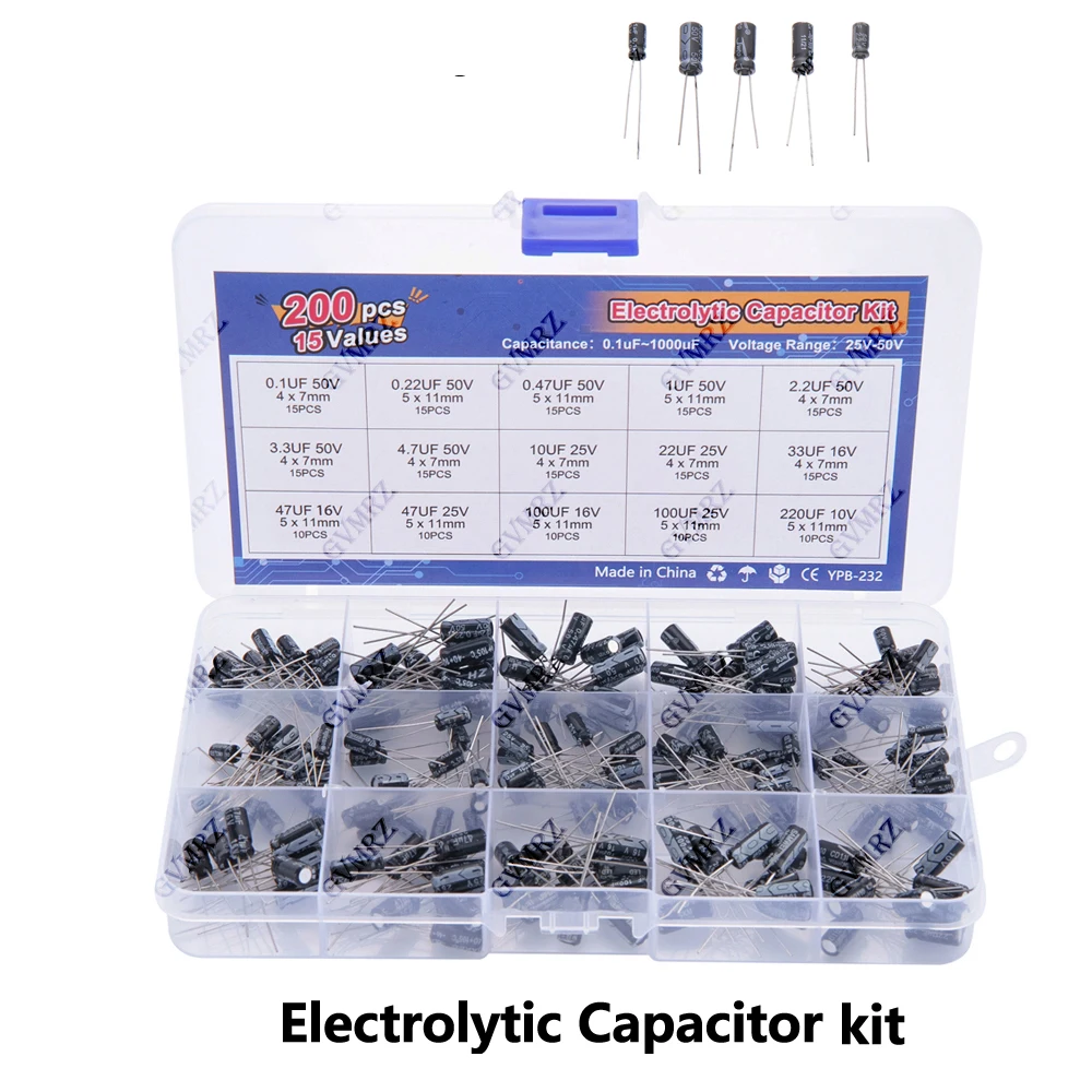15Values 200pcs Electrolytic Capacitor Organization Storage 0.1-220uF Capacitors Assortment Box Kit 0.22UF 0.47UF 47UF 22UF 33UF