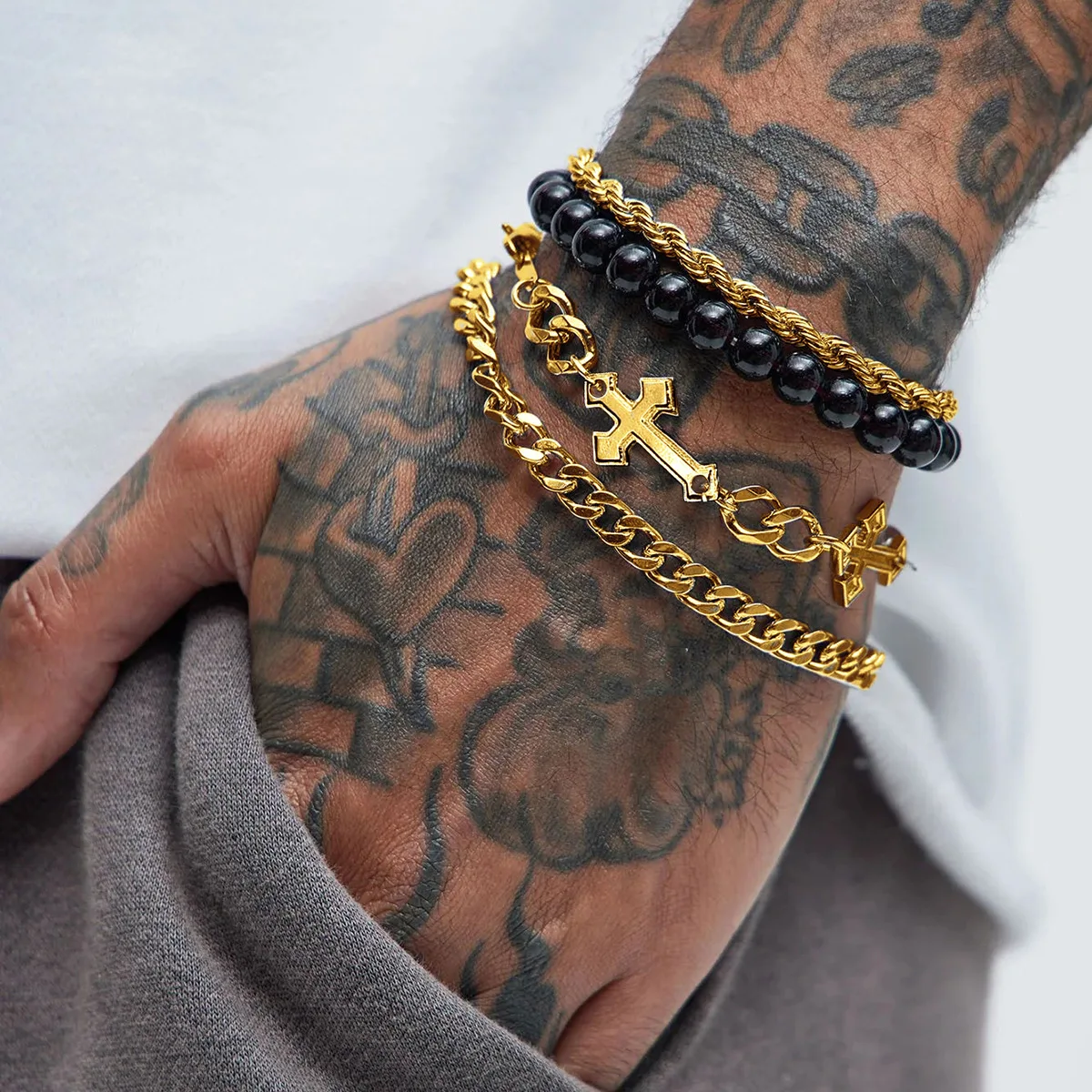 Retro Edelstahl Kreuz Schwarz Perlen Multi-schicht Armband Hip Hop Silber Farbe Männer Armband INS Schmuck Trendy Zubehör