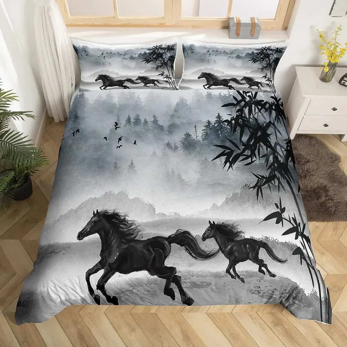 

Galloping Horse Duvet Cover Set Western Cowboy Farm Animal Bedding Set,Bamboo Mountain Ink Painting Firforest Folk Style Bed Set