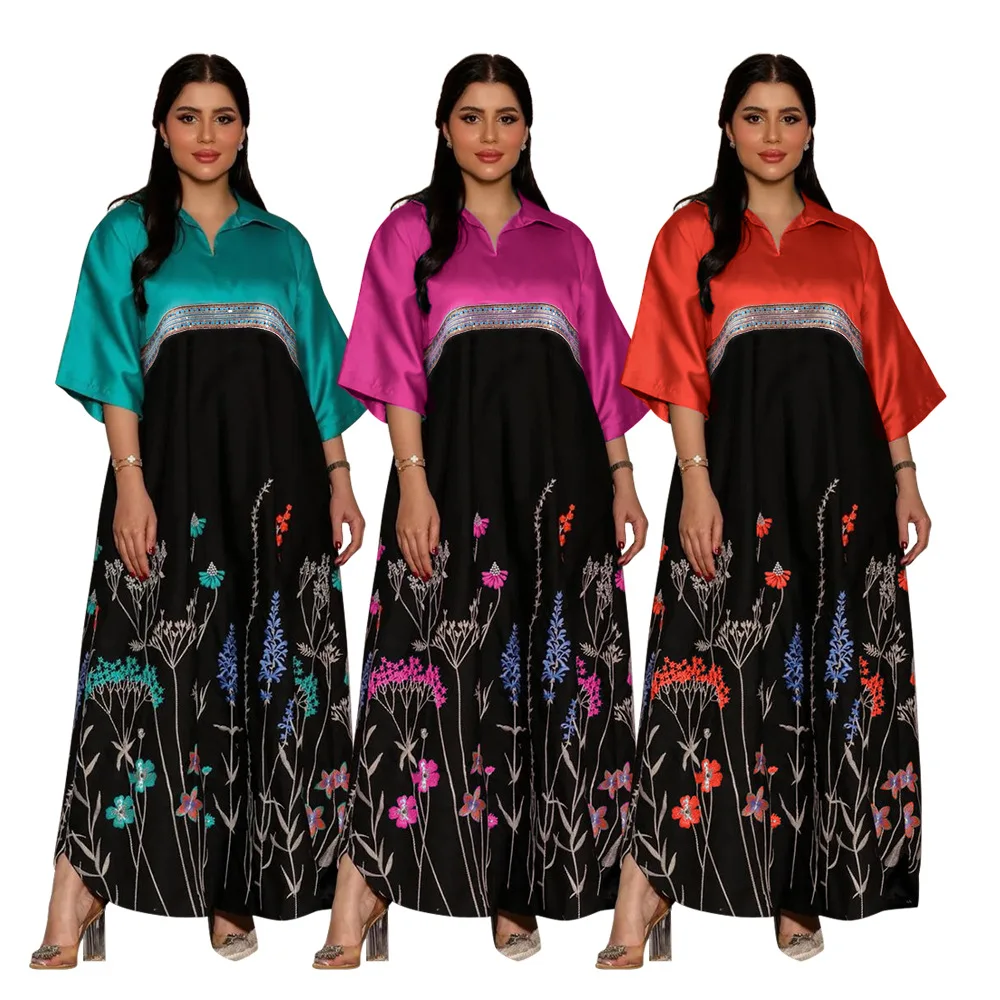 

Dubai Arabian Summer New Fashion Print Contrast Color Middle Eastern Robe Dress Vintage Short Sleeves V Neck Women Casual Dresse