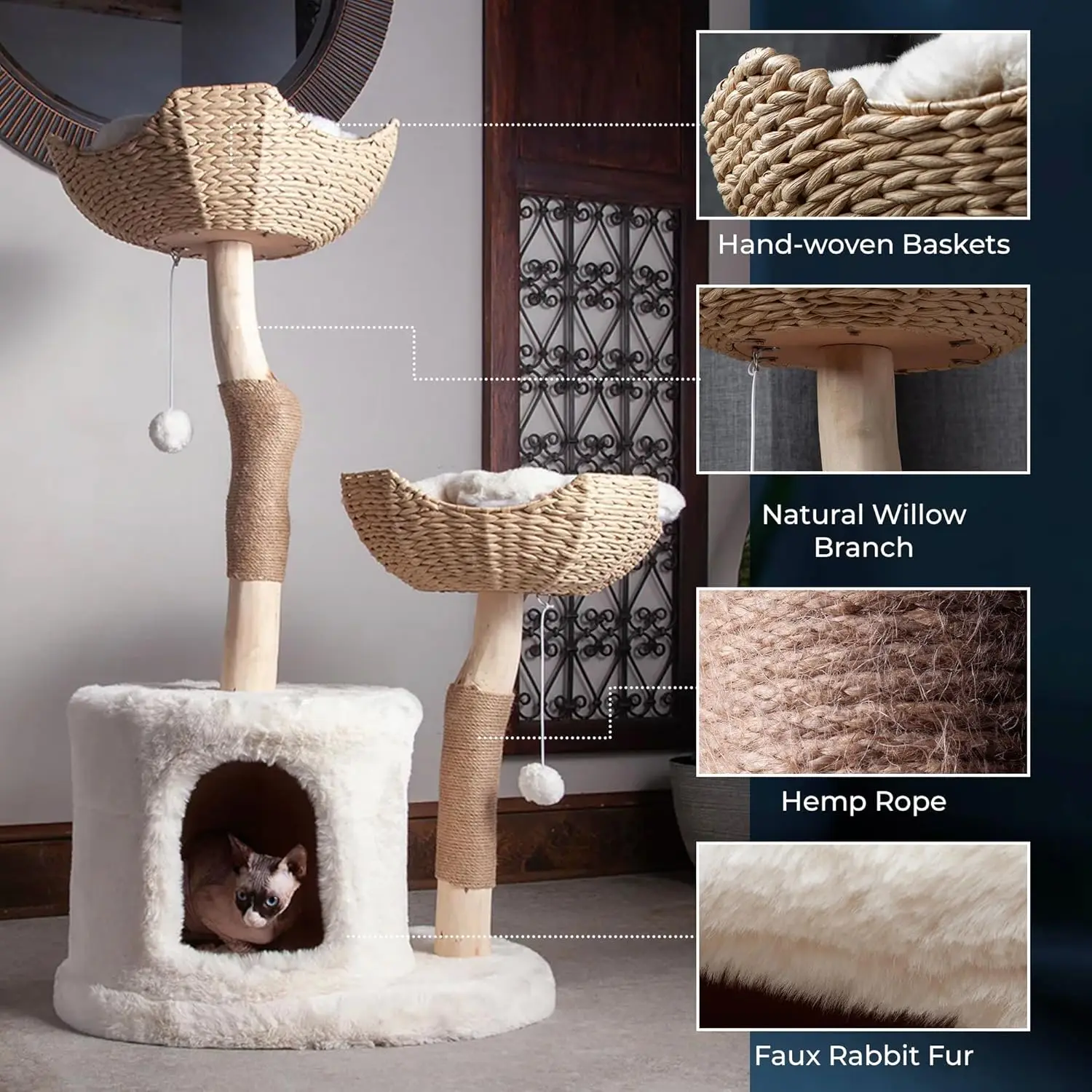 

The Bungalow Cat Tree - Luxury Cat Condo, Large Modern Indoor Tower with 2 Faux Fur Beds, Scratching Posts, Toys,