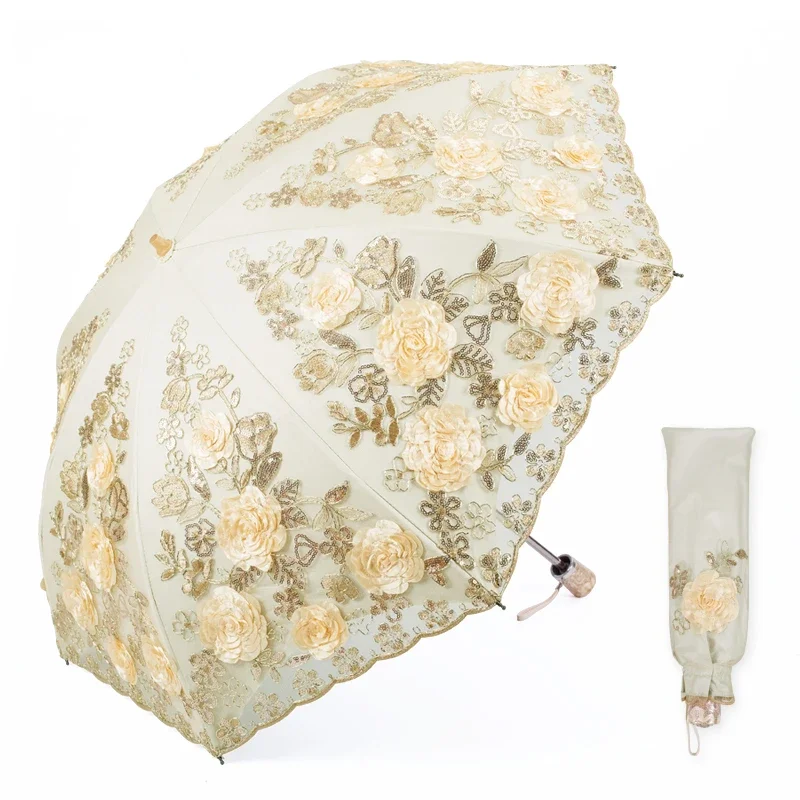 Lace Umbrella for Women, Embroidered Flower, Princess Umbrella, UV-Proof, Folding Rain or Shade, High Quality