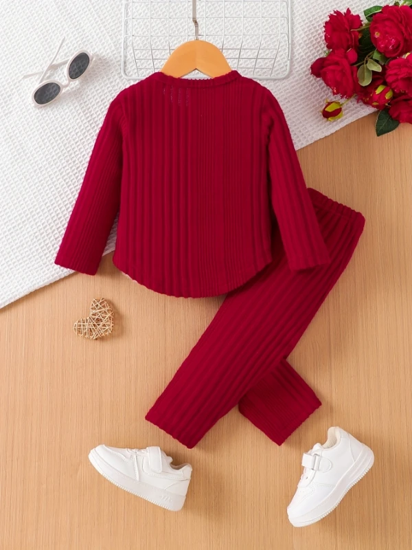 Spring Autumn Infant Toddler Girls round Neck Solid Color Ribbed Texture Long Sleeve Top And Long Pants Casual Two-Piece Set