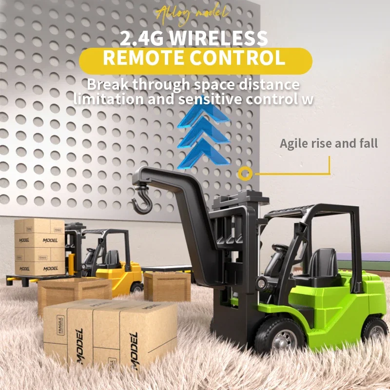 1:64 Alloy RC Forklift Crane with Trailer Toy Model Sound Light APP Connetion Engineering Construction Vehicles Collection Xmas
