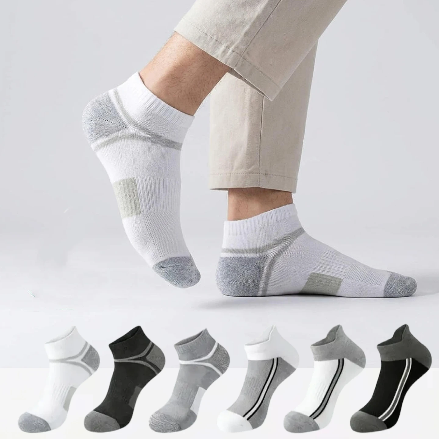 50 pairs Men's Athletic Ankle Socks, Breathable Mesh Sports Socks with Striped Design, Cushioned Low Cut Socks for Running Gym