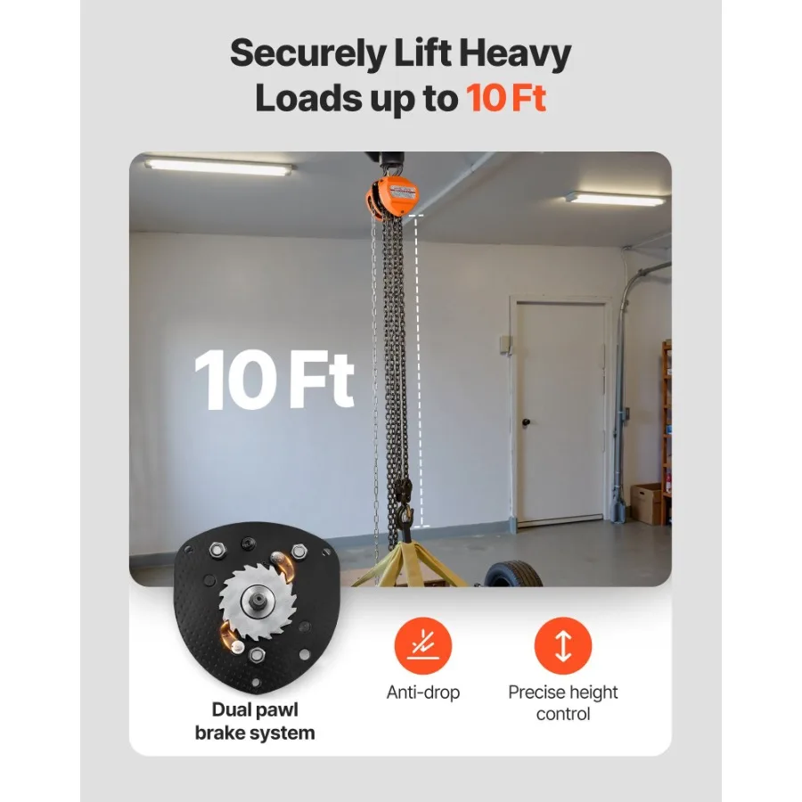 Hand Chain Hoist 2 Ton 4400 lbs Capacity Manual Chain Block with Upgrade G80 Galvanized Chain 10 ft Lifting Height Heavy Duty P
