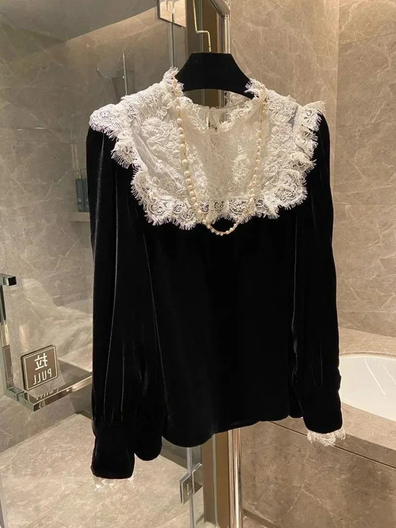 O cou dentelle Patchwork velours âge réduisant Blouses en vrac Vintage français femmes vêtements Chic chemises Blusas Mujer De Moda 2024