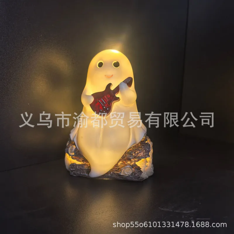 Ghost Night Reading Lamp Illuminated Resin Halloween Cute Guitar Ghost Figurine Table Shelf Home Decor Nightlight Ornament Gift