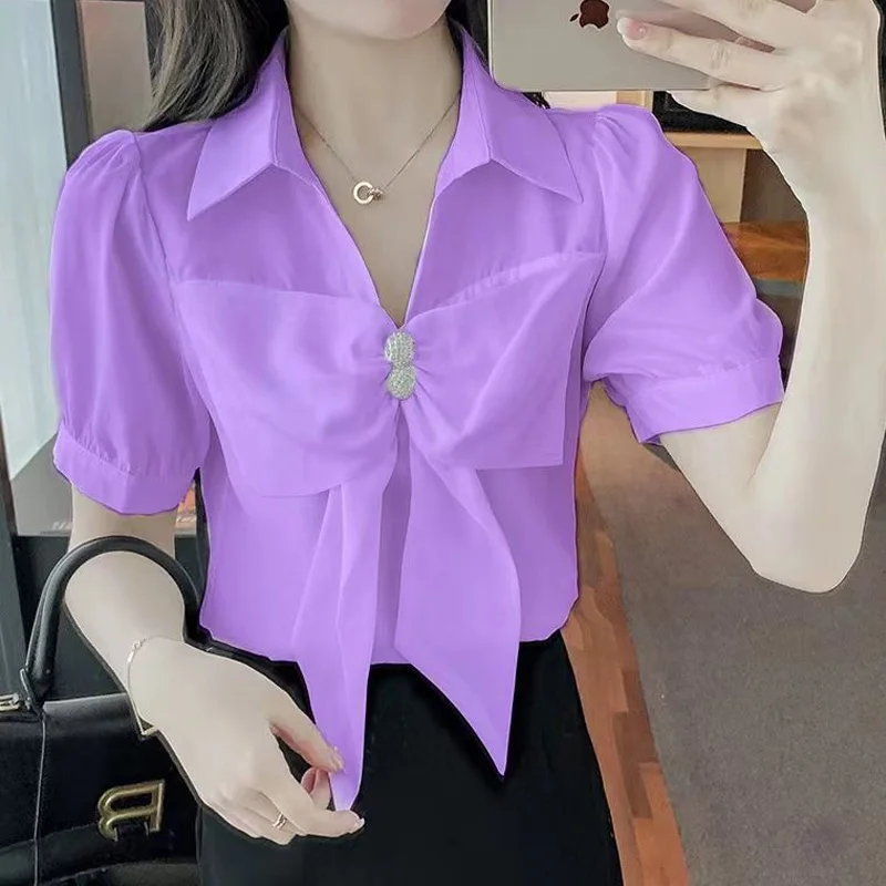 Temperament Bow Patchwork Shirt Tops Polo Neck Short Sleeve Solid All-match Youth Blouse Sweet Fashion Women Clothing Summer New