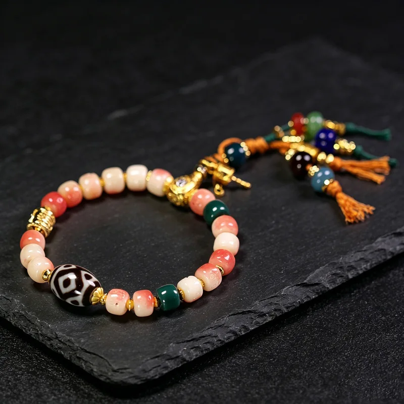 Natural genuine old mine raw stone Dalo Vajra three-eyed dzi bead camel bone ethnic Tibetan style bracelet