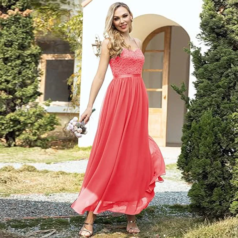 A Line Chiffon Lace Spaghetti Pleat Elegant Off Shoulder Bridesmaid Dresses Wedding Party Formal Prom Evening Ankle Length