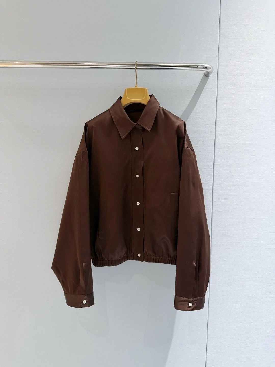 Luxurious Brown Mulberry Silk Shacket Women Satin Sheen Minimalist Italian Chic Relaxed Fit Elegant Jacket