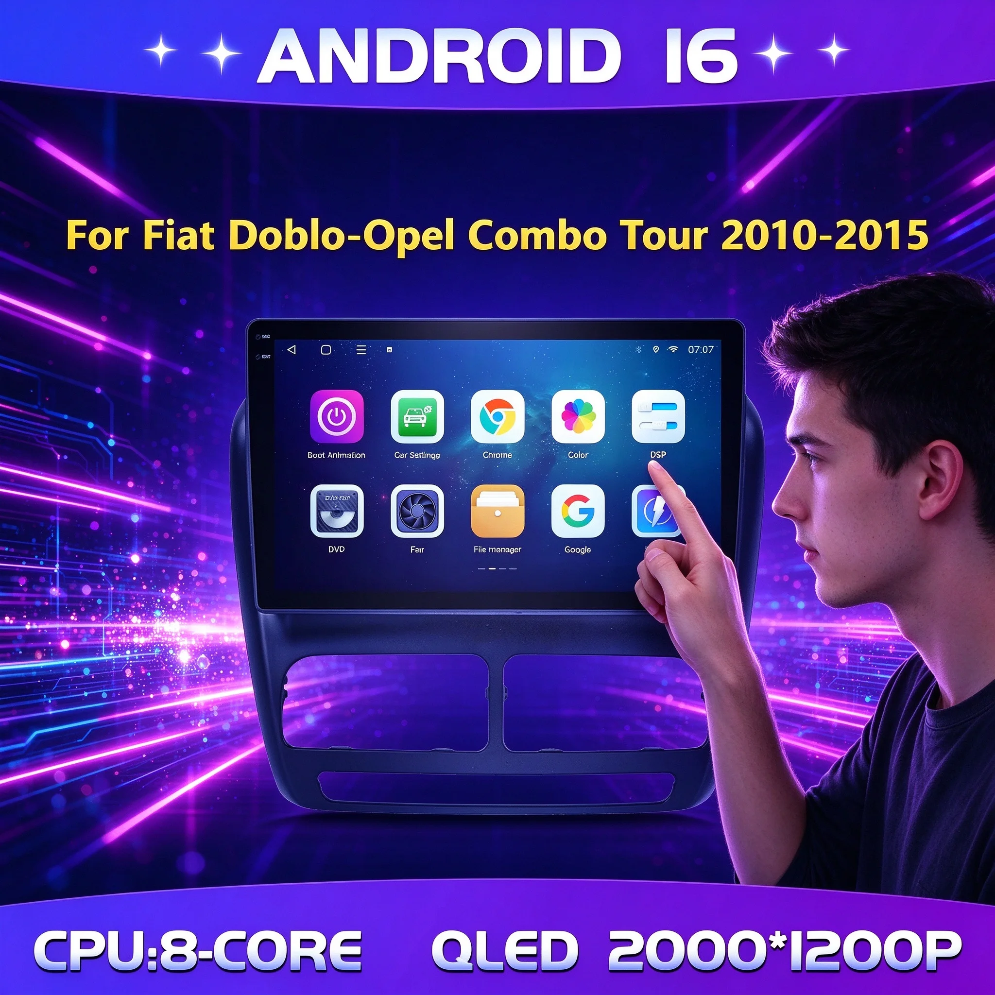 10' Car Multimedia Radio for Fiat Doblo Opel Combo Tour 2010-2015 Android 16 System BT Carplay Android Auto 2K QLED 5G