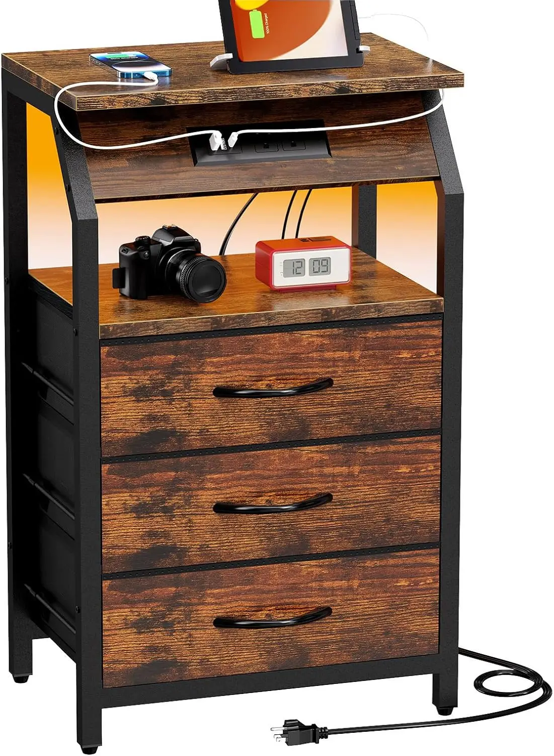 

End Table with Charging Station, Nightstand with LED Lights and 3 Drawers, Small Dresser with Fabric Storage, Retro Side