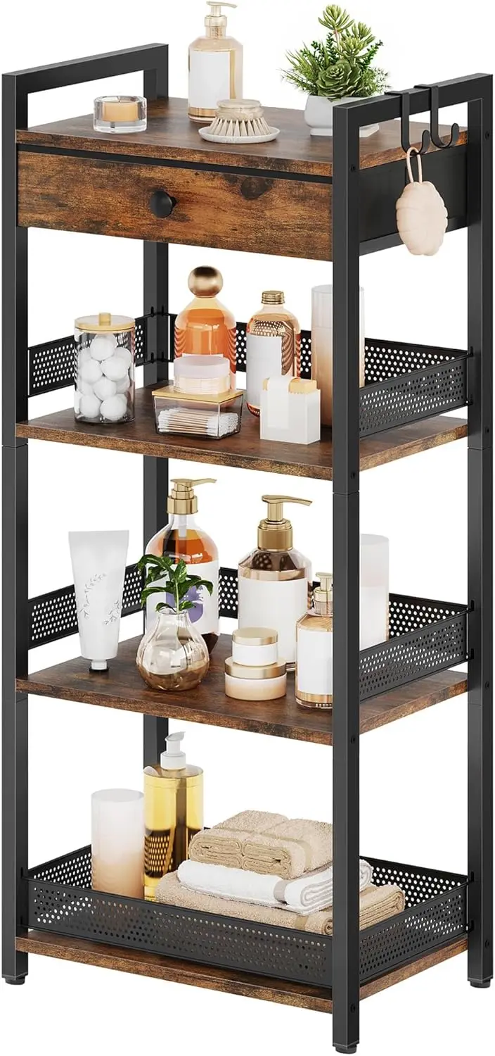 

4 Tier Ladder Shelf with Drawer, Wood & Metal Display Stand for Living Room, Bedroom, Office, Kitchen in Rustic Brown
