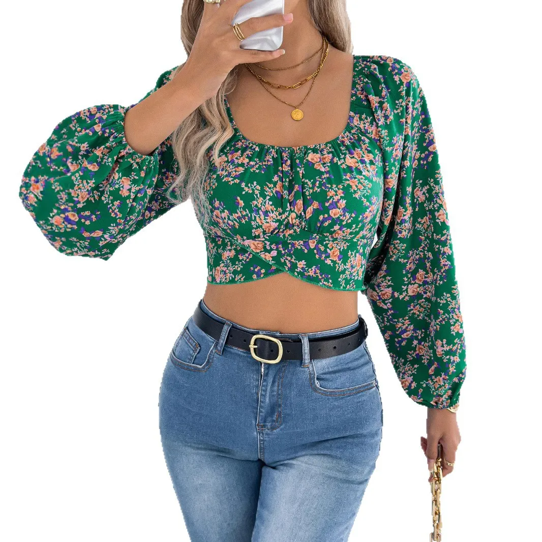 

2025 Autumn Winter Women's Sweater Tops Sweaters Women Female Woman Floral Lantern Sleeve Tie-Waist Chiffon Top with Crop Top