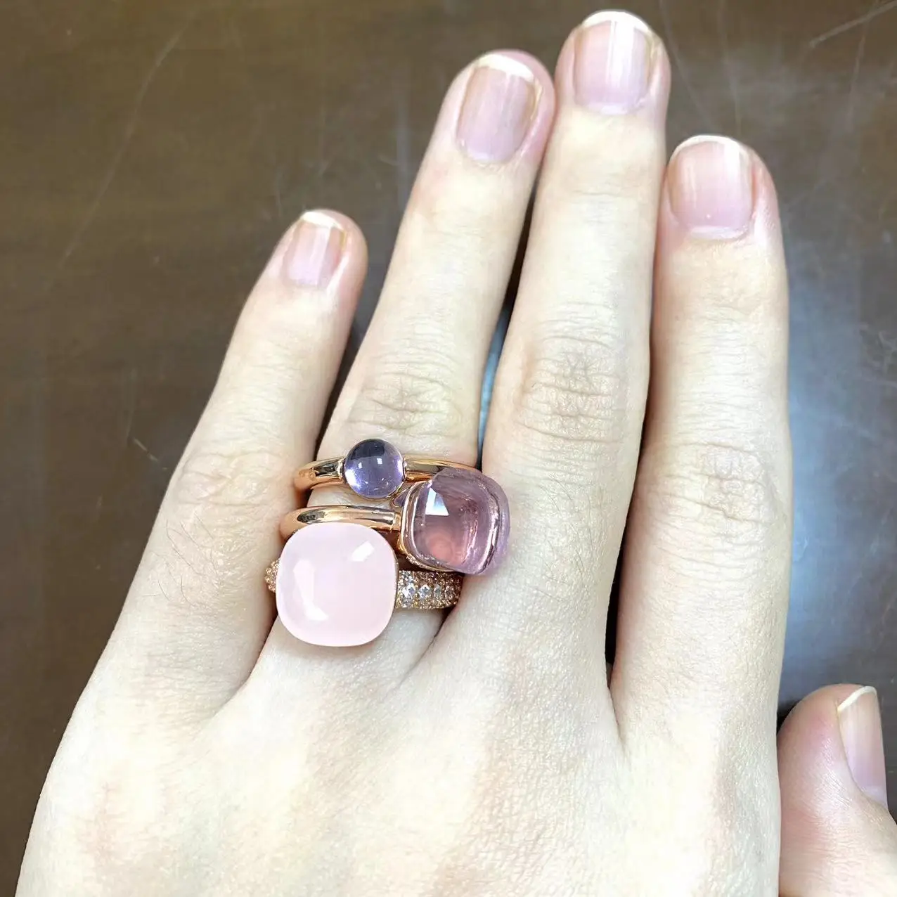 3Pcs/Set Classic Ring Set Three Size Stone Candy Color Crystal Ring Stacked Rose Gold Plated Nudo Ring Inlay Zircon Jewelry