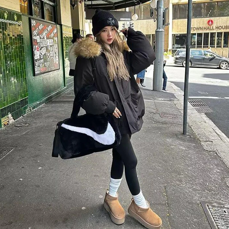 New Winter White Duck Down Jacket Women Loose Large Fur Collar Coat Hooded Warm Outerwear Female Casual Windproof Parkas