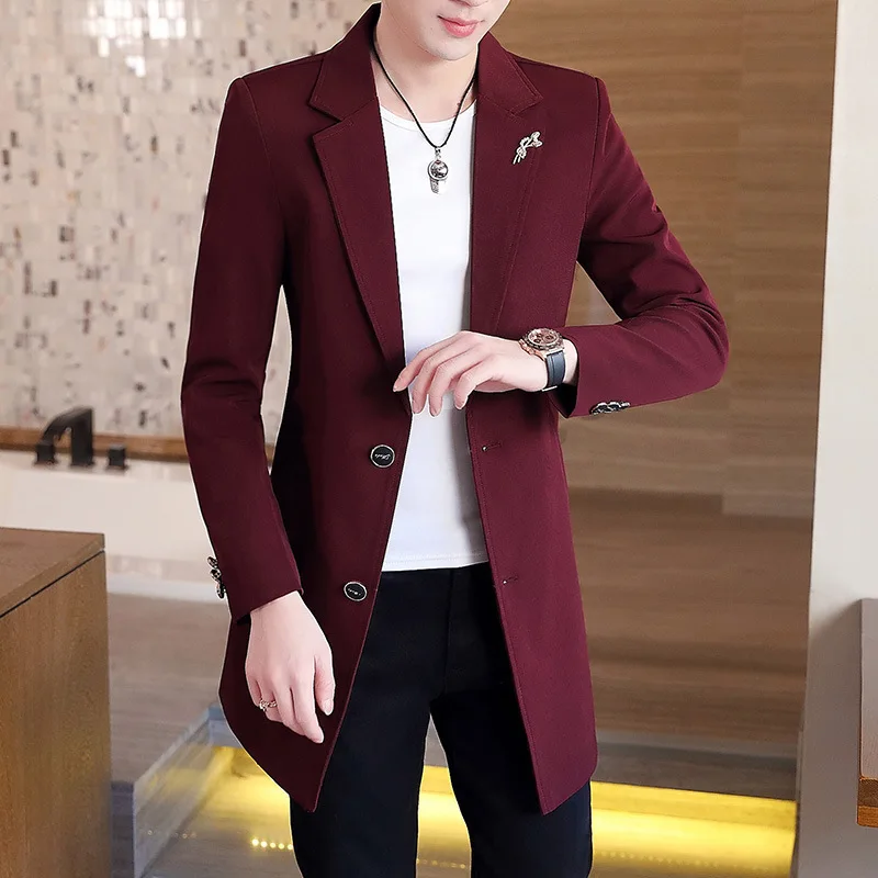 New Men\'s Business Casual Fashion Urban Korean Trend Slim Solid Color Small Suit Jacket Spring blazers long dress coat