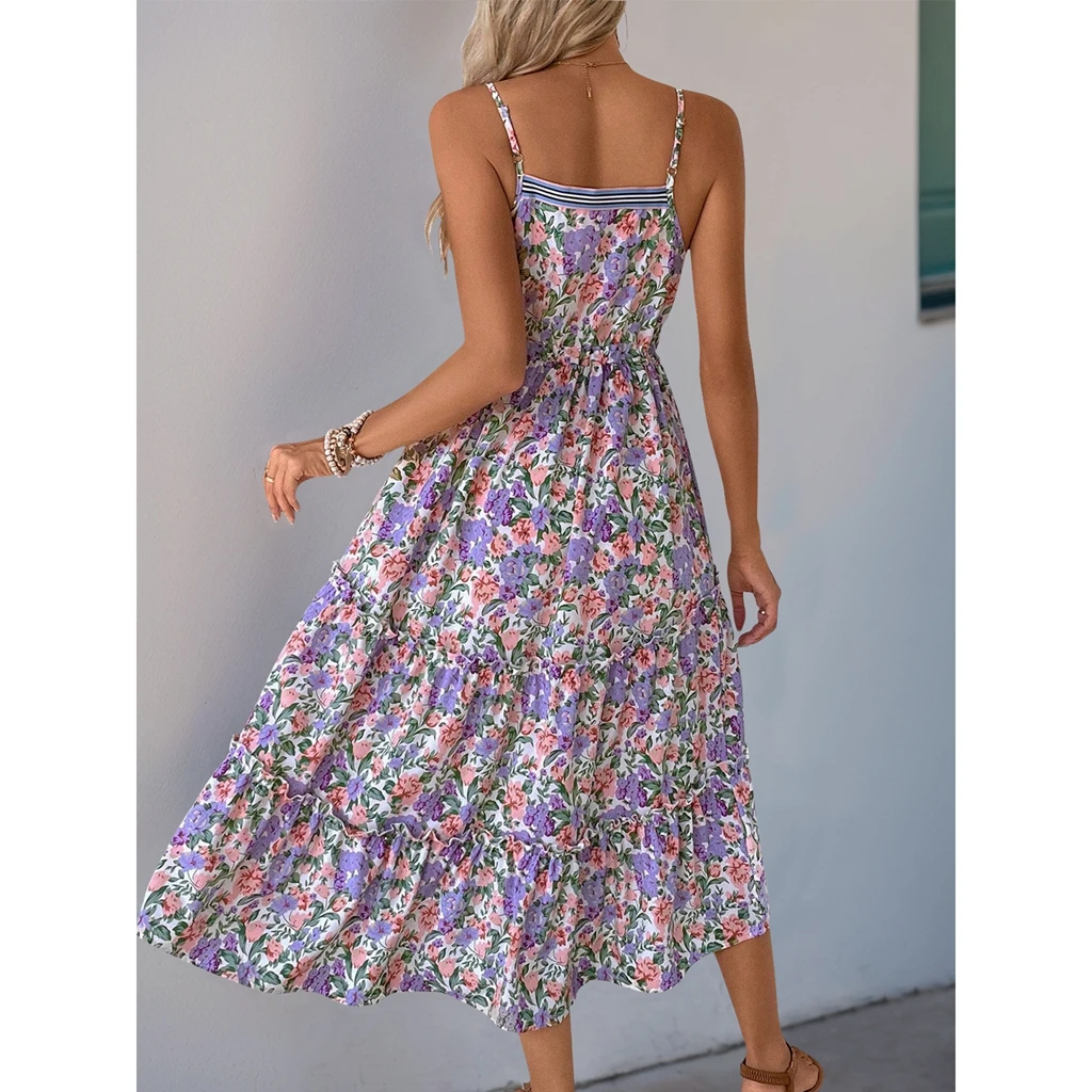 2025 vestido longo feminino sem mangas com estampa de flores em camadas praia patchwork elegante alça espaguete vestido de férias