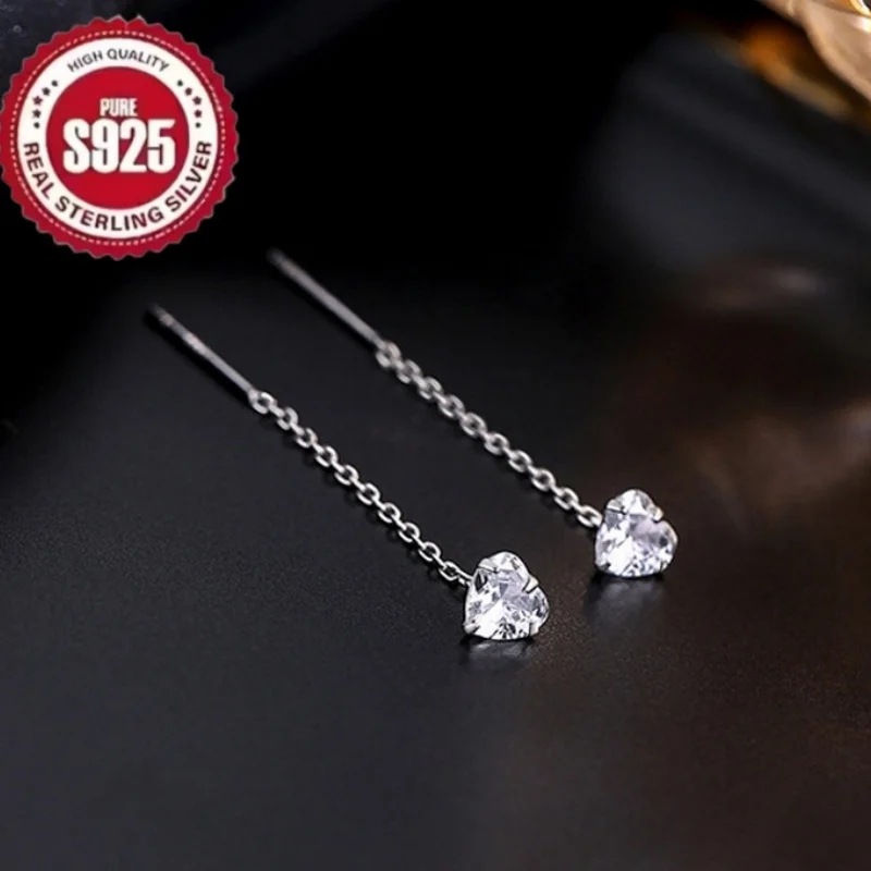 

S999 Sterling Silver Hypoallergenic Zircon Heart-Shaped Earrings for Women Fashion Tassel Chain Earrings Wedding Jewelry Gift