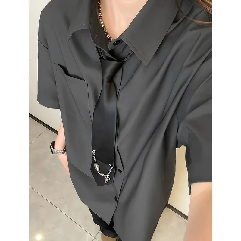 

Mr. WH Casual Style Short Sleeve Shirt Men Loose Collar Vintage Dark Grey Youth Trend Summer Fashion Polyester Fiber Standard...