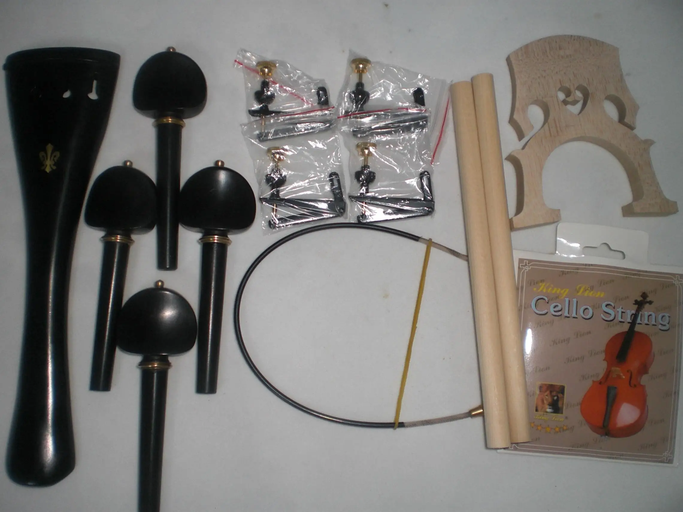 1 Set Ebony Cello Parts With Brass Collar 4/4 and Fine Tuners Sound Post Nylon Tail Gut Bridge and String