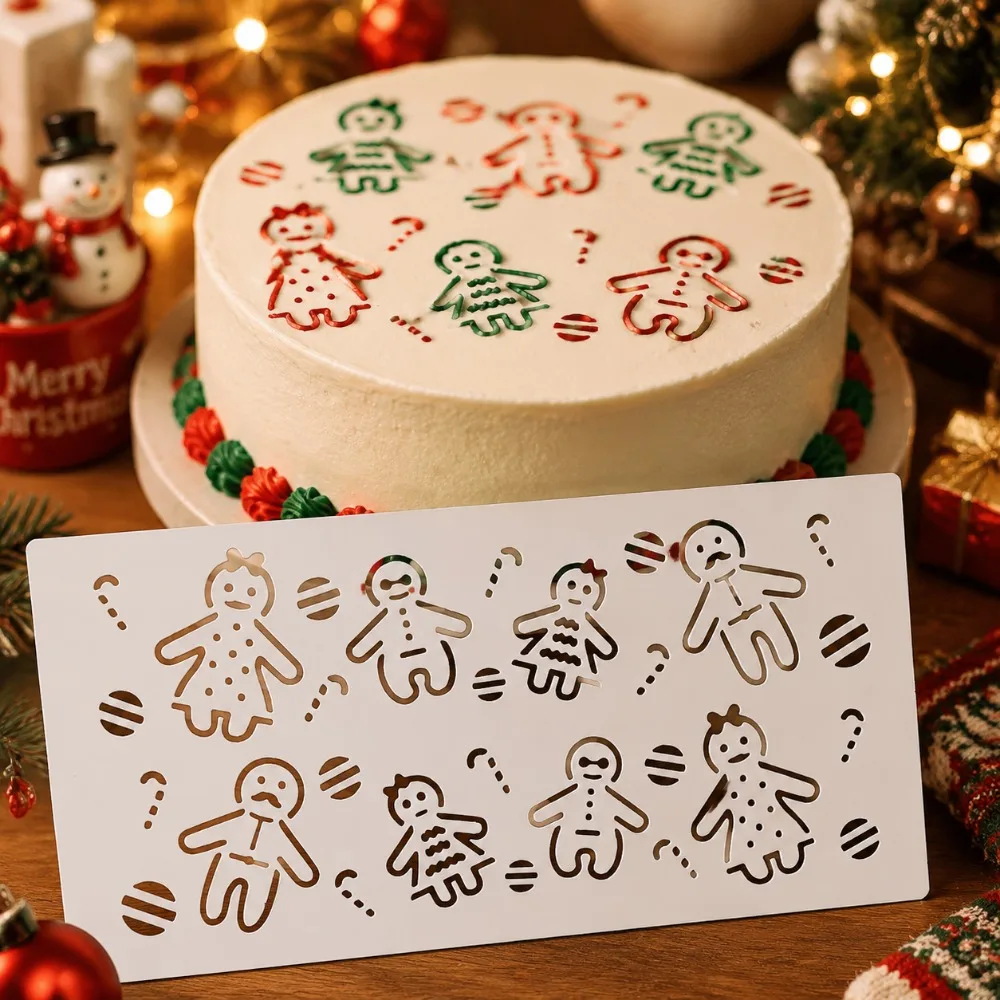 Christmas Gingerbread Man Cake Stencil, Food‑Safe PET Reusable Hollow‑Out Baking Decor Template