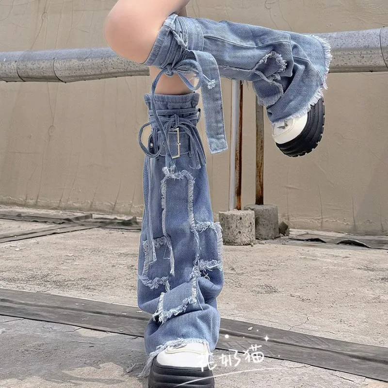Y2k Hottie Subculture Distressed Chic Design Denim Leg Warmers New Trumpet Lace Up Sweet Cool Washed Leg Warmers Slouch Socks