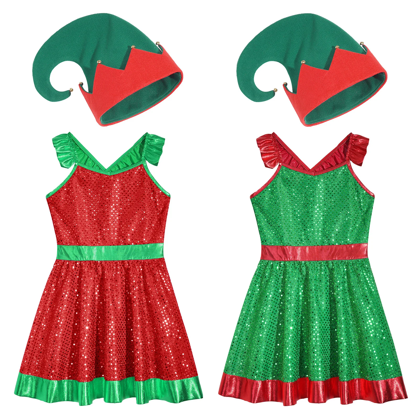 Teen Girls Christmas Elf Santa Claus Cosplay Dress Xmas New Year Party Dance Performance Dancewear Shiny Sequin Tutu with Hat