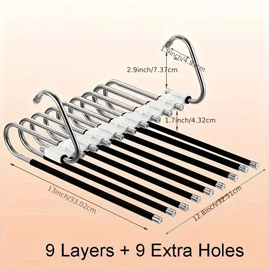 Space-Saving 9-Layer Pants Hanger - Non-Slip Stainless Steel, Multi-Functional S-Type Organizer With Extra 5  For Jeans & Leggin