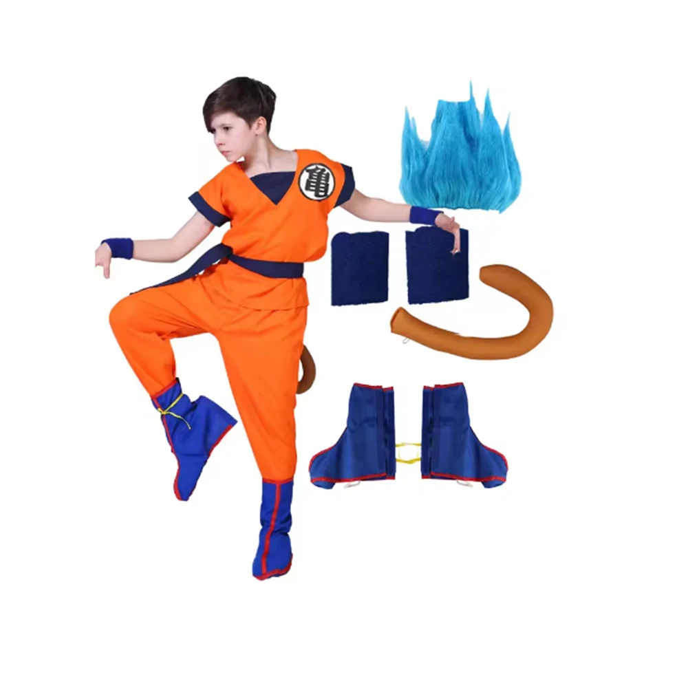 Disfraz de Goku de Halloween para niños, disfraz de Son Goku para adultos, disfraz de Anime, uniforme de superhéroe, peluca, ropa de escenario de Carnaval para niños