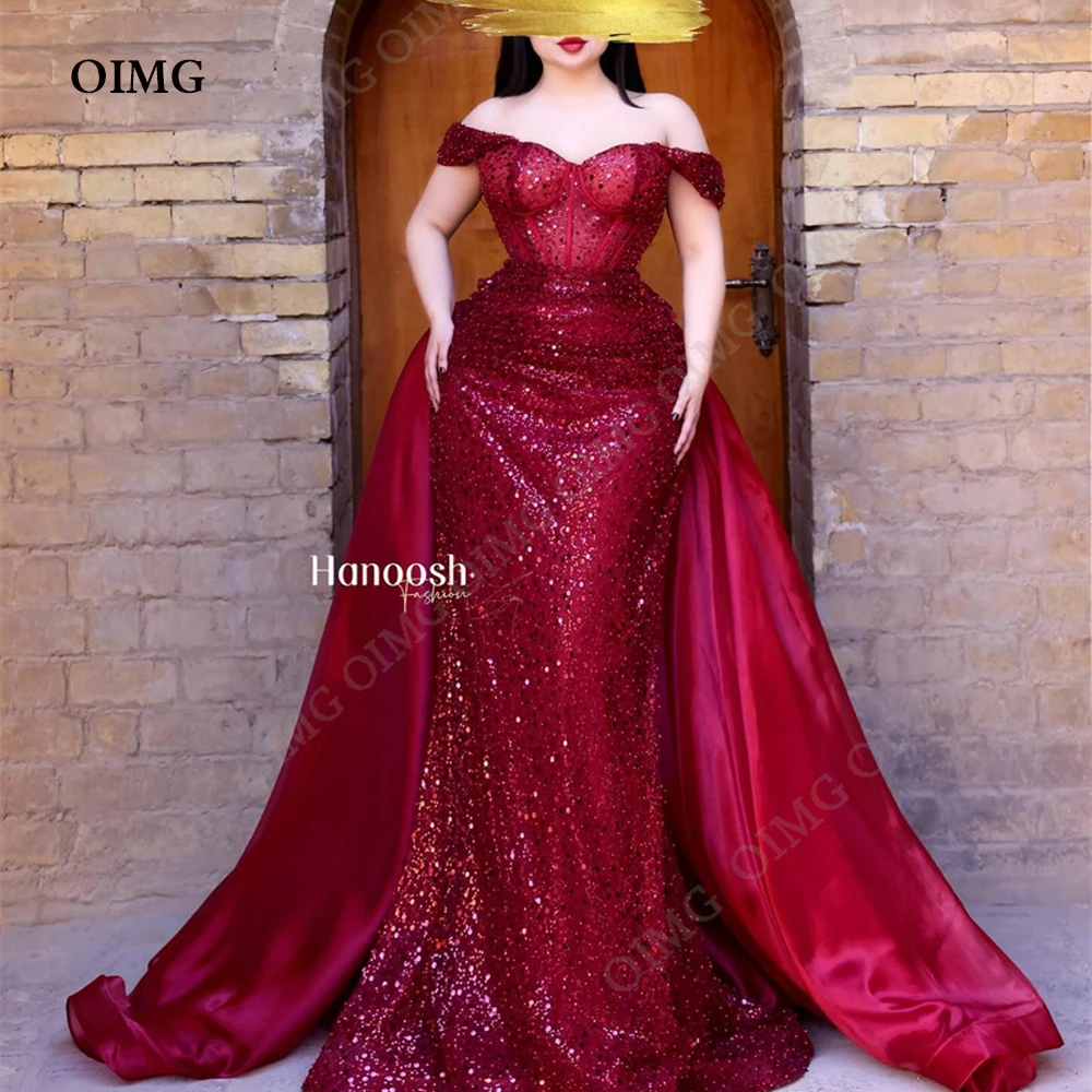 OIMG vestido de noche Formal de sirena con lentejuelas Rojas, hombros descubiertos, cuentas brillantes, vestidos de noche de fiesta de cena para mujer, vestidos de cóctel