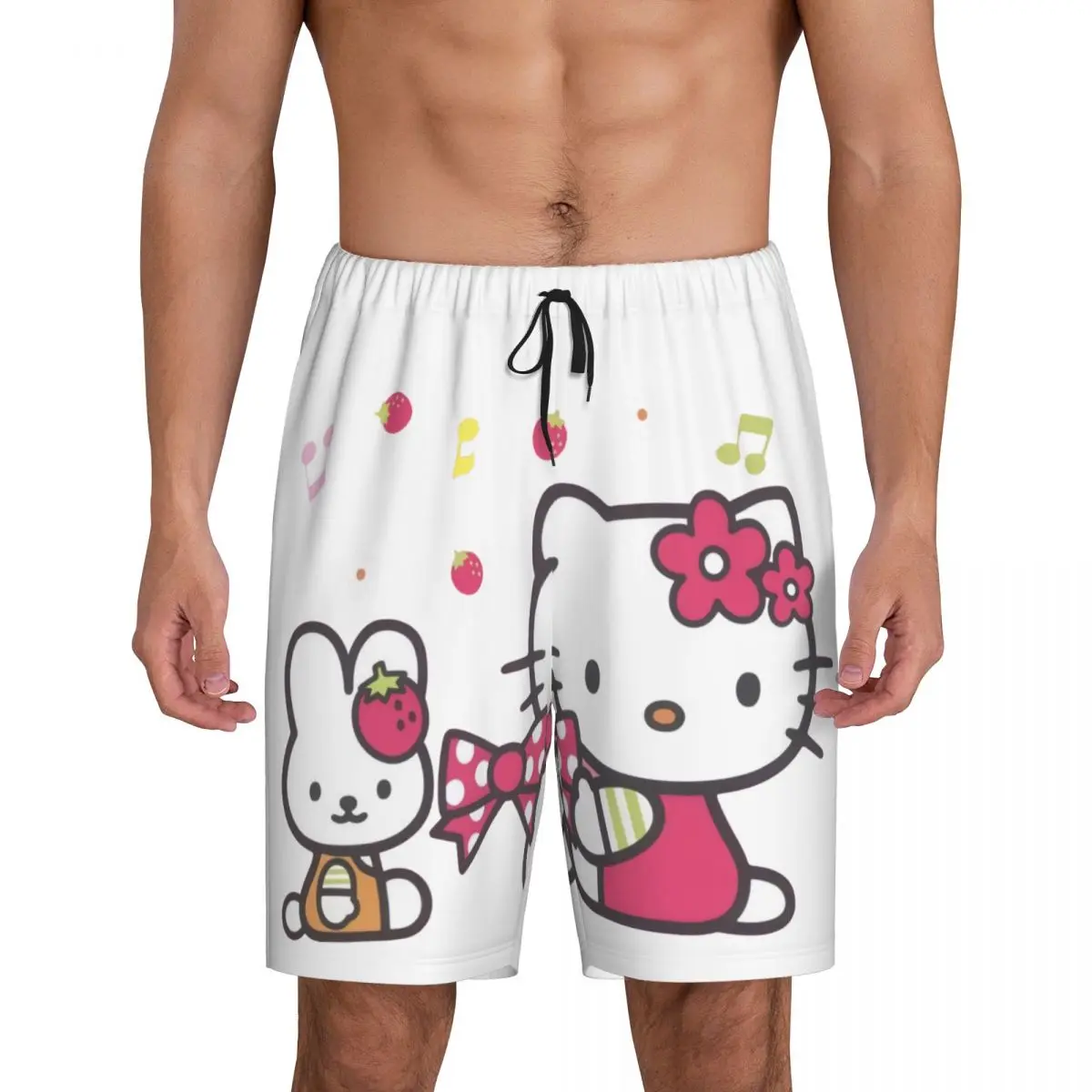 Shorts de pijama Anime Hello Kitty masculino, impressão personalizada, pijamas dos desenhos animados, bottoms dorme pijamas curtos com bolsos