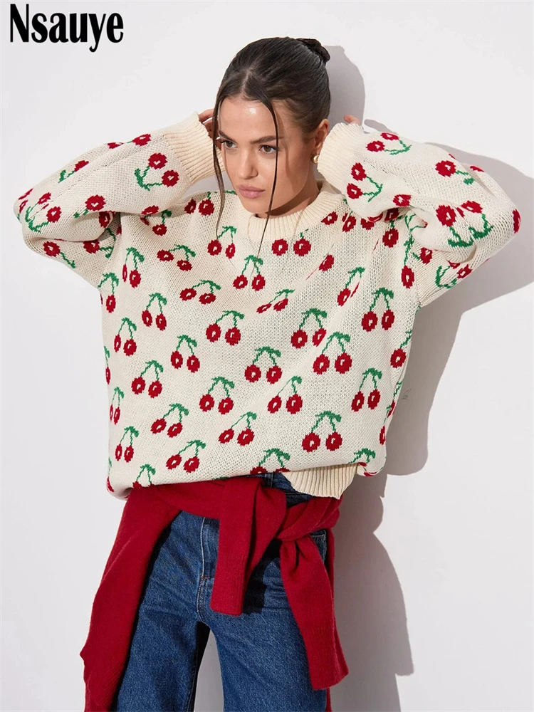 

Nsauye Cherry Print Knitted Casual Loose Women Sweater 2025 Autumn Long Sleeve Oversized Fashion Pullover Jumpers Sweater Tops
