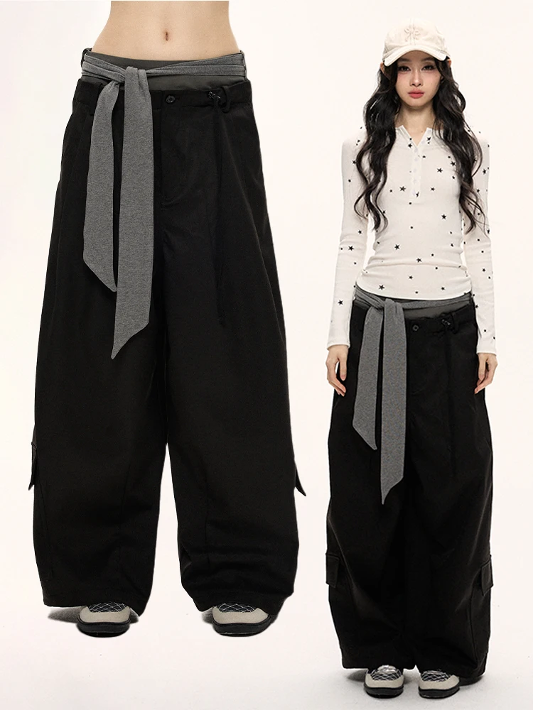 

Модные женские брюки свободного кроя Street Sle с низкой талией, с поясом, утягивающие, трендовые, из смесового хлопка, для весеннего сезона