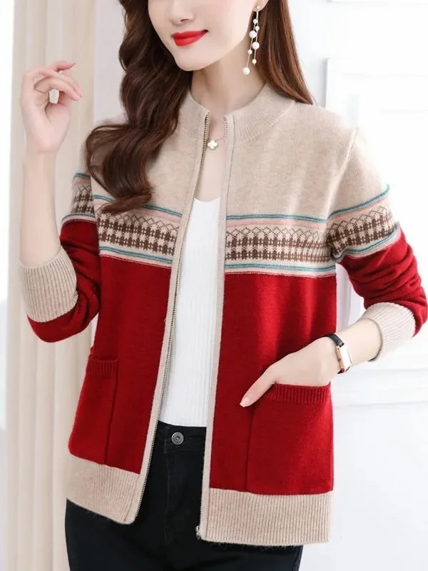Color-Block Knitted Open Cardigan Sweater Women's Style Autumn Winter New Fashion Lazy Style Top Trendy Long Sleeve round Neck