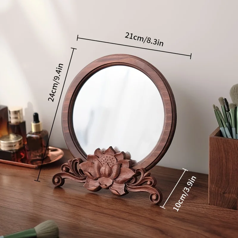 Handcrafted Polished Wooden Circular Makeup Mirror with Floral Base, Unscented, Portable for Bedroom, Bathroom, and Vanity
