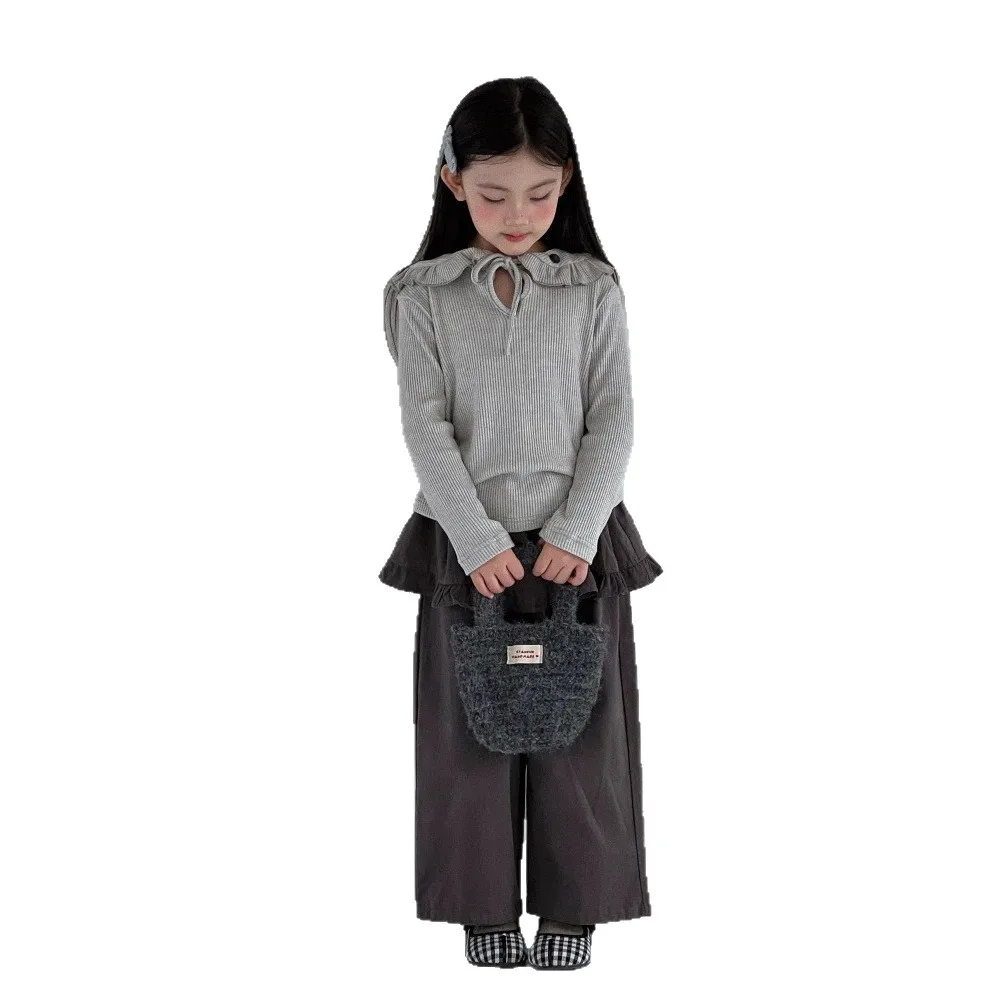 Girls Autumn Top 2026 New Korean Girls Treasure Big Collar Soft and Sticky Temperament Knitted T-shirt Base Shirt