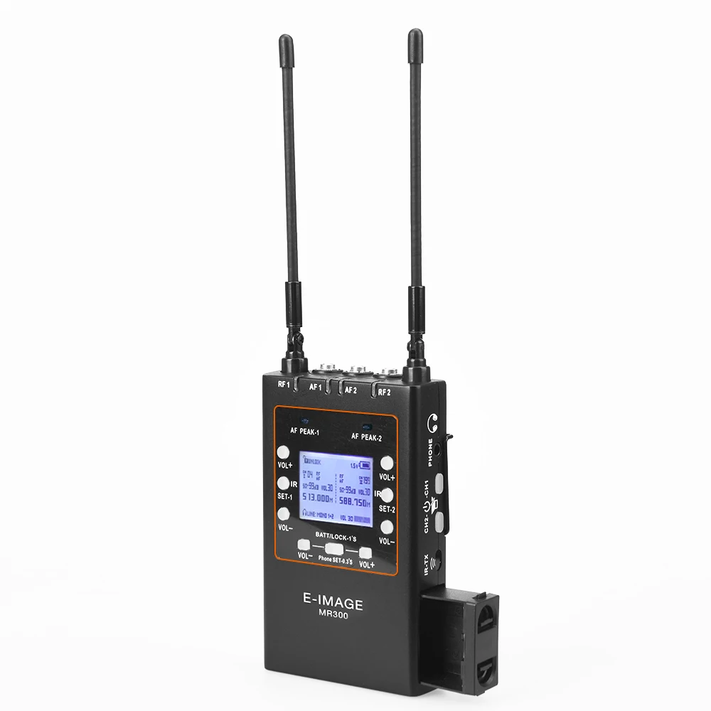 E-IMAGE MR-300 UHF جسم معدني ثنائي القناة UHF/PLL جهاز استقبال لاسلكي محمول للميكروفون اللاسلكي