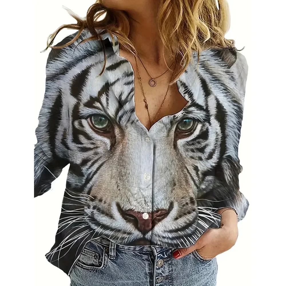 Women's Shirts 3d Tiger Printed Long Sleeve T-Shirt New Spring And Autumn Single-Breasted Basic Top Office For Lady Plus Size