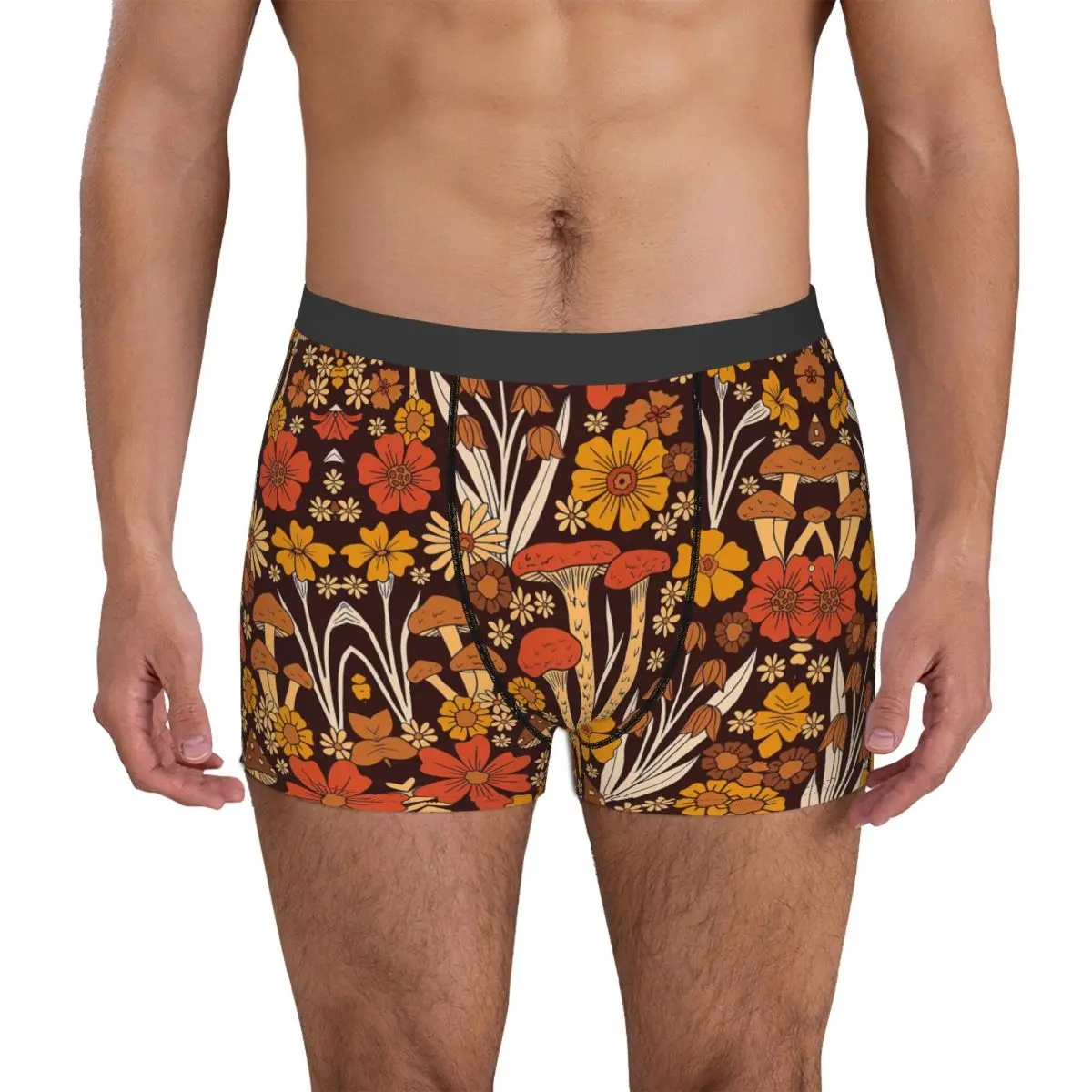 

Retro 1970s Brown & Orange Mushrooms & Flowers Spiral Underpants Cotton Panties Men's Underwear Ventilate Shorts