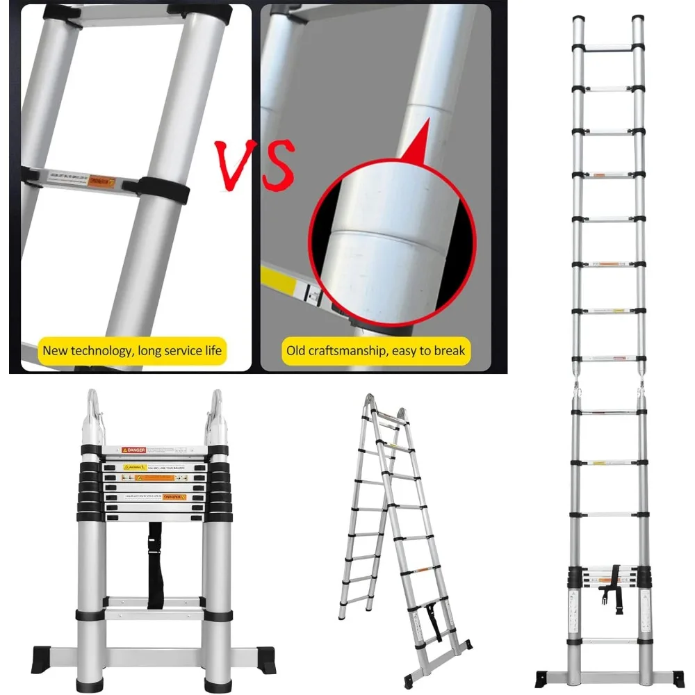 Escalera telescópica de aluminio resistente con marco en A, extensión de 16,4 pies, plegable, 8 + 8 escalones, escalera portátil multiusos para exteriores y