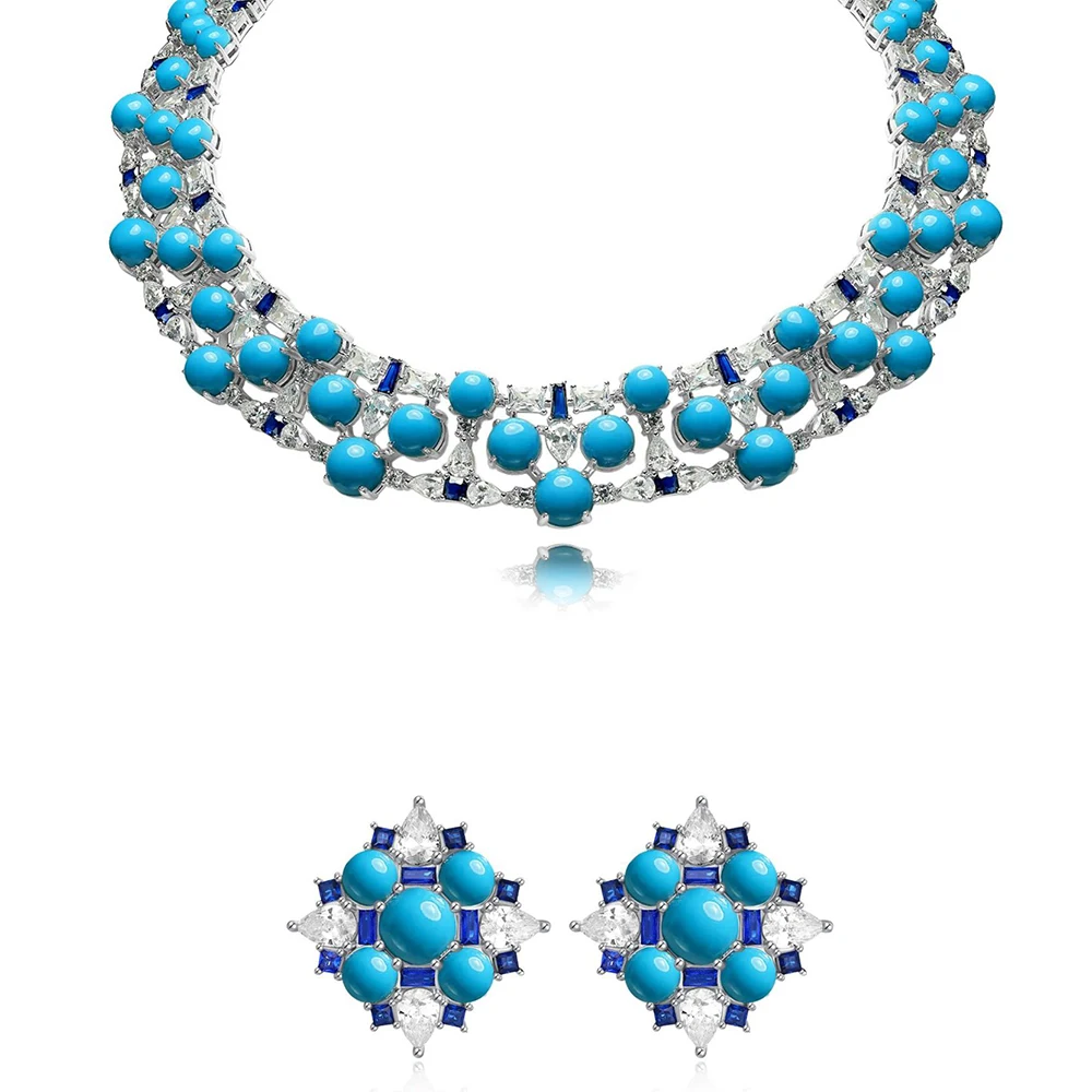 WUIHA Ethnic 100% 925 Sterling Silver Blue Turquoise Lab Sapphire High Carbon Diamonds Earrings/Necklace Jewelry Set Wholesale