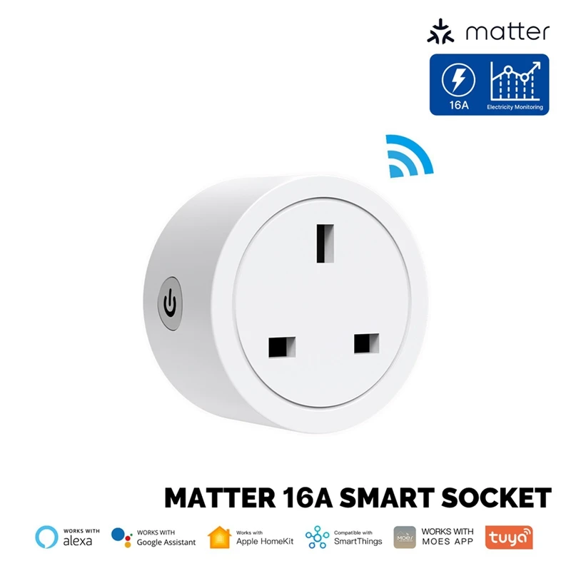1 PCS Smart Plug Matter Wifi Socket 16A Timer Outlet Power Monitor Support TUYA With For Homekit Google Home Alexa UK Plug