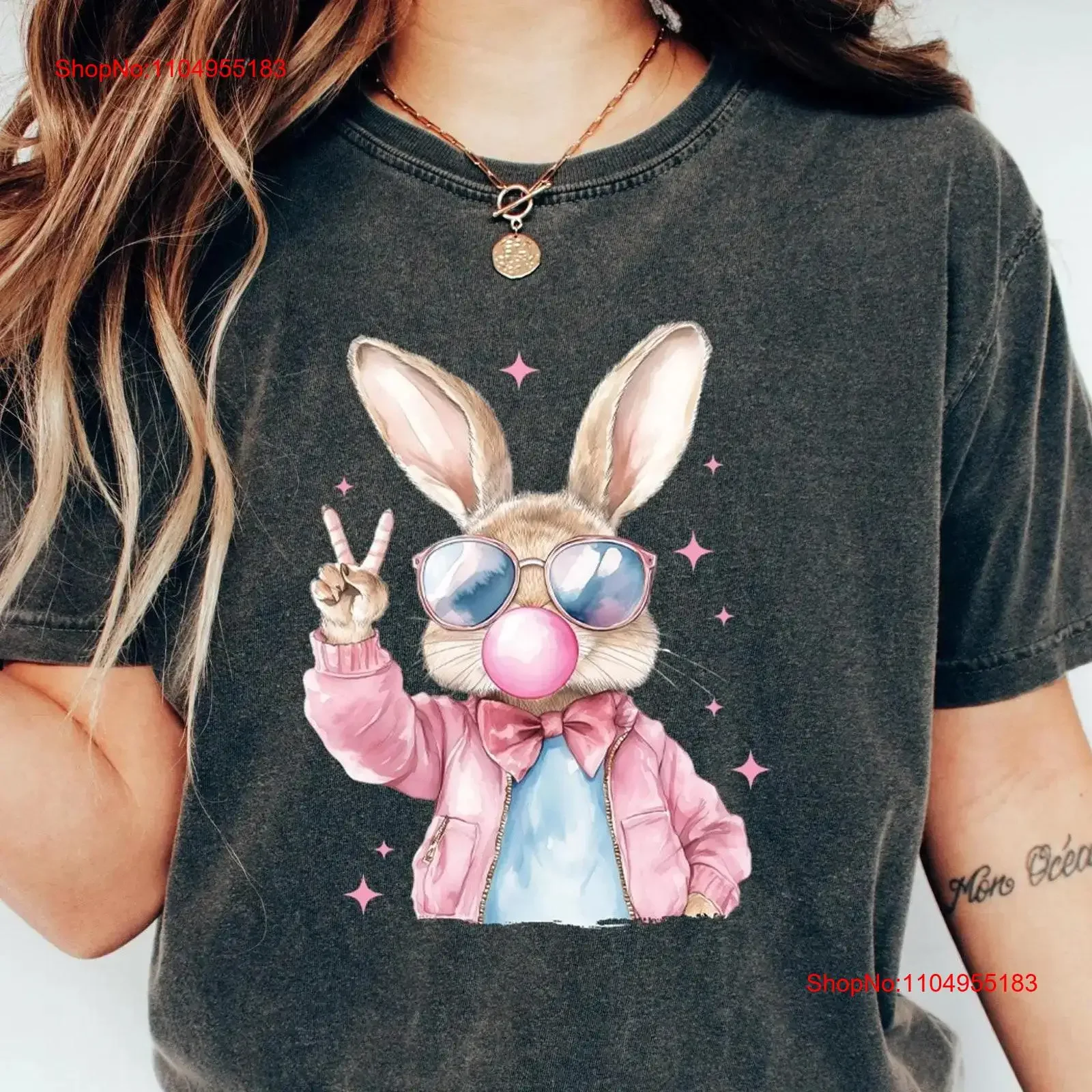 

Bunny with Glasses SweaT T Shirt Easter Blowing Gum for Women Ladies Bubble vintage Washed Unisex Versatile graphic Casual